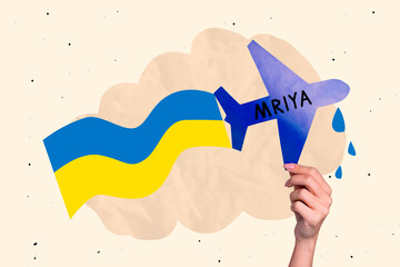 Artwork magazine collage picture of arm holding ukrainian mriya destroyed plane isolated drawing...