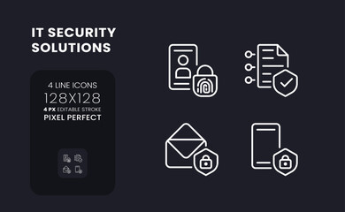 Cyber security solutions white linear desktop icons on black. Authentication control. Pixel perfect 128x128, outline 4px. Isolated interface symbols pack for dark mode. Editable stroke