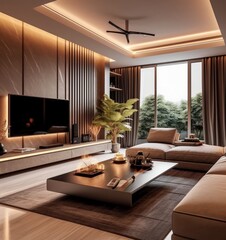 Fototapeta premium Interior design showcase featuring a luxurious living room in a modern residential home..