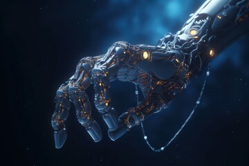 Fototapeta na wymiar Bionic robot arm. Cyborg metal hand on a blurred blue background. AI Humanoid. Robotics and 3D visualization technologies. Copy space. Generative AI