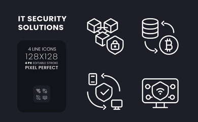 Data privacy solutions white linear desktop icons on black. Risk management software. Pixel perfect 128x128, outline 4px. Isolated interface symbols pack for dark mode. Editable stroke