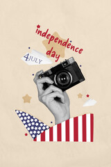 Vertical creative abstract photo collage of large arm hold retro camera making photo on independence day isolated beige color background