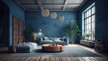 Modern elegant minimalistic luxury living room in blue tones. Blue walls and a sofa, a round coffee table, a wooden floor and a gray vintage carpet, live plants, panoramic windows. Generative AI