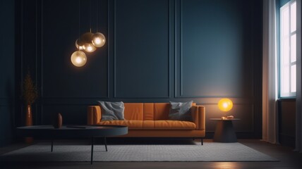 Modern colored living room. Dark grey wall, terracotta sofa, round coffee table, parquet floor with carpet, plant in flowerpot, pendant lights, curtains on the window. Mockup, 3D Generative AI