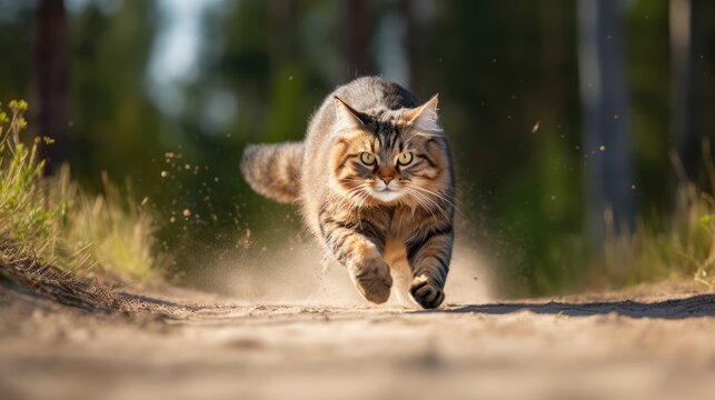 A fluffy cat running on the ground. Widescreen portrait and illustration of a running cat in motion and movement, fast, quick, rush in the outdoor nature with sunlight and dust. Generative AI.