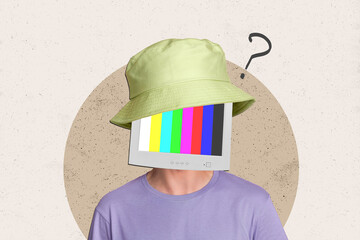 Creative abstract template collage of man monitor instead head white noise no signal questioned...