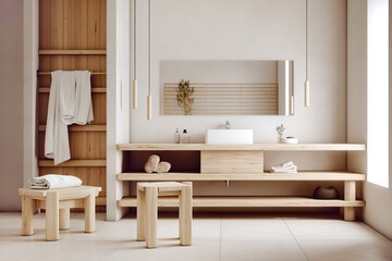 Wooden washstand with white ceramic vessel sink. Interior design of modern bathroom. Created with generative AI