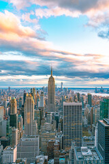 Fototapeta premium Aerial view of Manhattan skyline at sunset, New York City