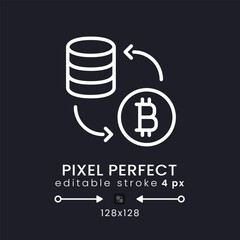 Tokenization white linear desktop icon on black. Sensitive data security. Blockchain technology. Pixel perfect 128x128, outline 4px. Isolated user interface symbol for dark theme. Editable stroke