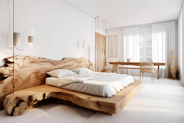 Luxury hand crafted bed made from unique solid wood slab. Rustic interior design of modern bedroom. Created with generative AI