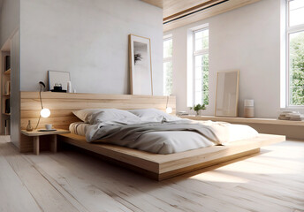 Scandinavian interior design of modern bedroom. Created with generative AI