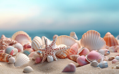 Fototapeta na wymiar Seashell on beach and blue sky