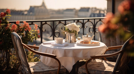 Charming parisian sidewalk cafe,outdoor tables, Paris, France. Generative AI