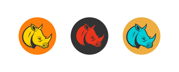 Rhino head colored logo for brand. Anger symbol. Wild predator, mascot, zoo. Colored style. Flat design. Vector illustration