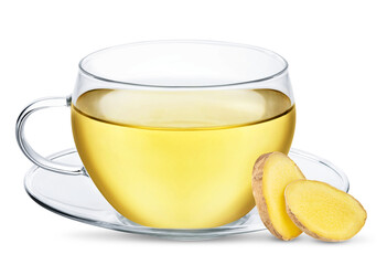 Cup of ginger tea isolated on white or transparent background. Herbal hot drink with ginger root.