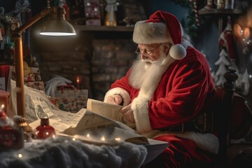 Fototapeta na wymiar Santa Claus checking his gift list - Illustration created with Generative ai