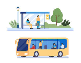 Passengers waiting for public bus in city. Flat illustration. Cartoon Transportation