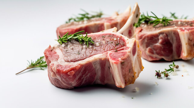 Close up shot of red lamb mutton chops against a white background