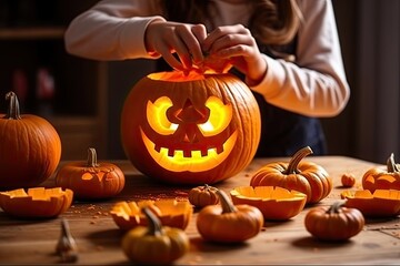 Halloween scene on orange background