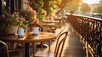 Fototapeta premium Charming parisian sidewalk cafe,outdoor tables, Paris, France. Generative AI