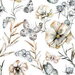 Black and white butterflies and floral seamless pattern. Watercolor botanical texture - 612406674