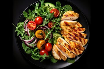 Chicken breast fillet grilled and fresh vegetable green salad with arugula, tomatoes and olives on black background, healthy food, mediterranean diet | Generative AI 