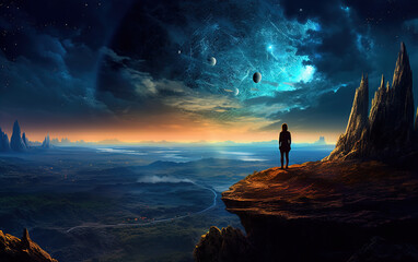 Fototapeta premium Standing alone on the mountaintop, gazing at the starry universe,created with generative ai tecnology.