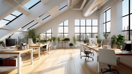 Loft style open space office with skylights and city view. White walls and wooden floor, large tables, comfortable chairs, desktop computers, plants in floor tubs. Generative AI