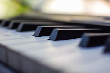 Close-up of piano keys. Piano black and white keys and Piano keyboard musical instrument placed at...