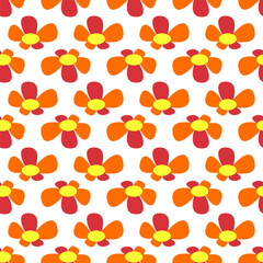 Fototapeta na wymiar Bright seamless floral pattern on white background. Flowers with orange and red petals. Colorful vector flat illustration. Print or texture for wrap or fabric