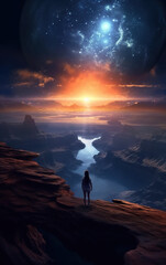 Fototapeta premium Standing alone on the mountaintop, gazing at the starry universe,created with generative ai tecnology.