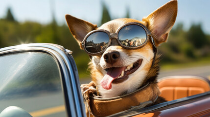 Happy Tails on Wheels: Funny Chihuahua Dog with Leash and Sunglasses on Summer Road Trip - Generative AI