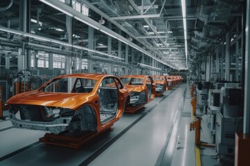 Obraz premium Robotic conveyor line for the assembly of cars. Mechanical assembly of car bodies. Modern automated production of cars in a factory. Generative AI