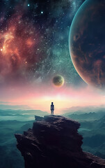 Fototapeta premium Standing alone on the mountaintop, gazing at the starry universe,created with generative ai tecnology.