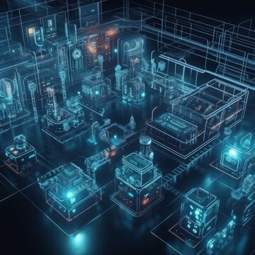 The project of a futuristic workshop for managing automation. Complete replacement of manual labor by mechanisms and robots. Industry technology and smart futuristic factory concept. 3d Generative AI