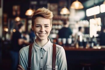 Naklejka premium Portrait of a happy and smiling female waiter, or small business owner in the coffee shop. 