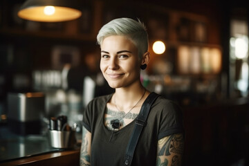 Portrait of a happy and smiling female waiter, or small business owner in the coffee shop.  