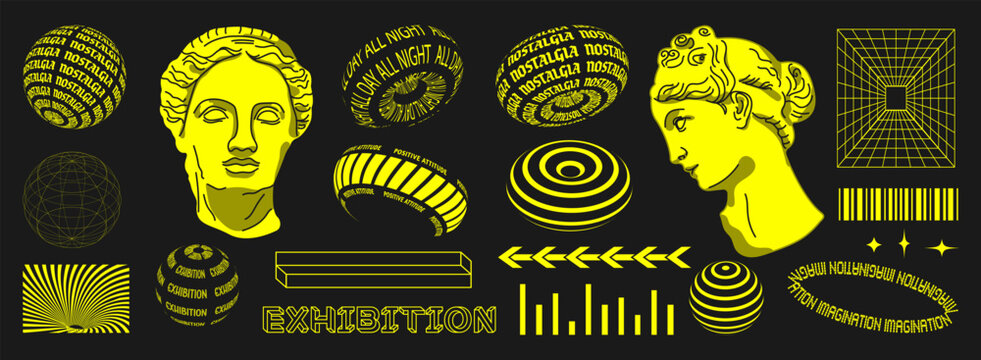 Set in trendy style. Statues and different geometric shapes, frame, cyberpunk elements.