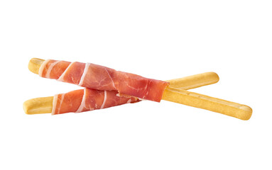 Parma ham prosciutto with Italian grissini breadsticks isolated on white background.