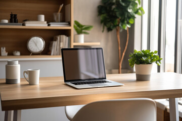 Fototapeta na wymiar E a modern home office setup with a sleek laptop placed on a clean, uncluttered desk