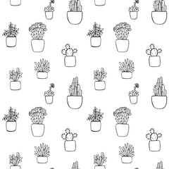 cacti and succulents seamless black and white linear vector pattern for coloring