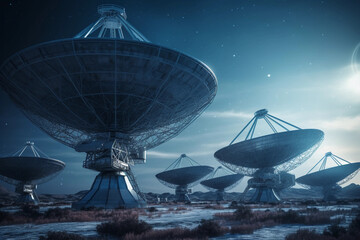 
huge satellite dishes screen for signals at night. Stars in the background, generative ai