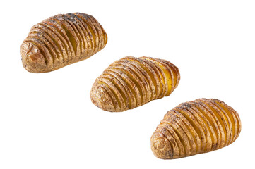 Crispy roasted hasselback potato isolated on white background.