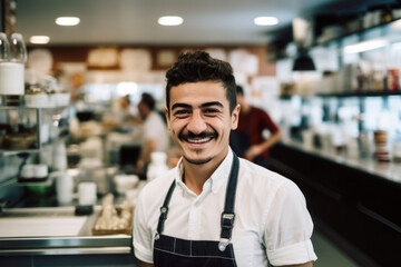 Obraz premium Portrait of a happy and smiling waiter, or small business owner in the coffee shop. 
