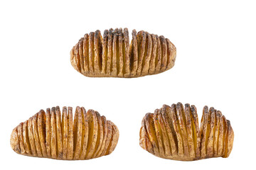 Crispy roasted hasselback potato isolated on white background.