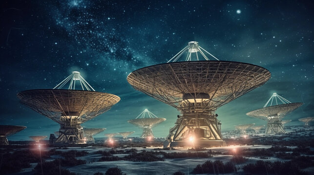 
huge satellite dishes screen for signals at night. Stars in the background, generative ai
