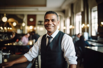 Fototapeta premium Portrait of a happy and smiling waiter, or small business owner in the coffee shop. 