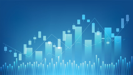 economy situation concept. Financial business statistics with bar graph and candlestick chart show stock market price and currency exchange on dark green background