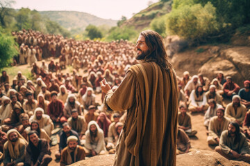 Jesus Christ preaching to the crowd by parables in the middle of the nature Generative AI Illustration