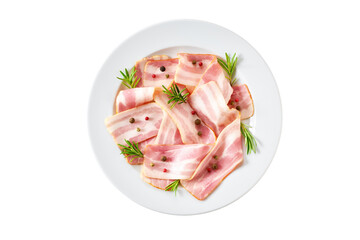 Smoked bacon strips and rosemary in a white plate isolated on white background, top view.
